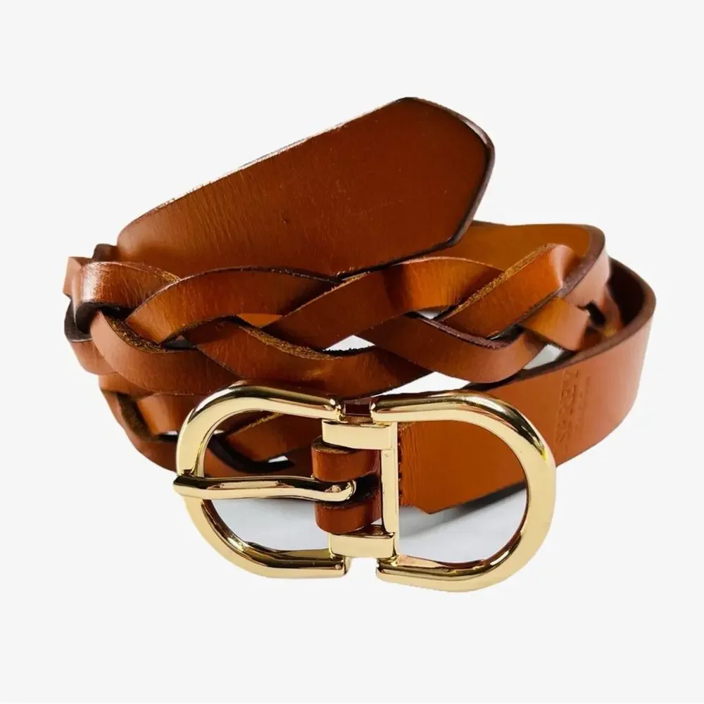 Osprey London Womens Skinny Mixed Braided Leather Belt Gold-Tone Buckle L 38/42